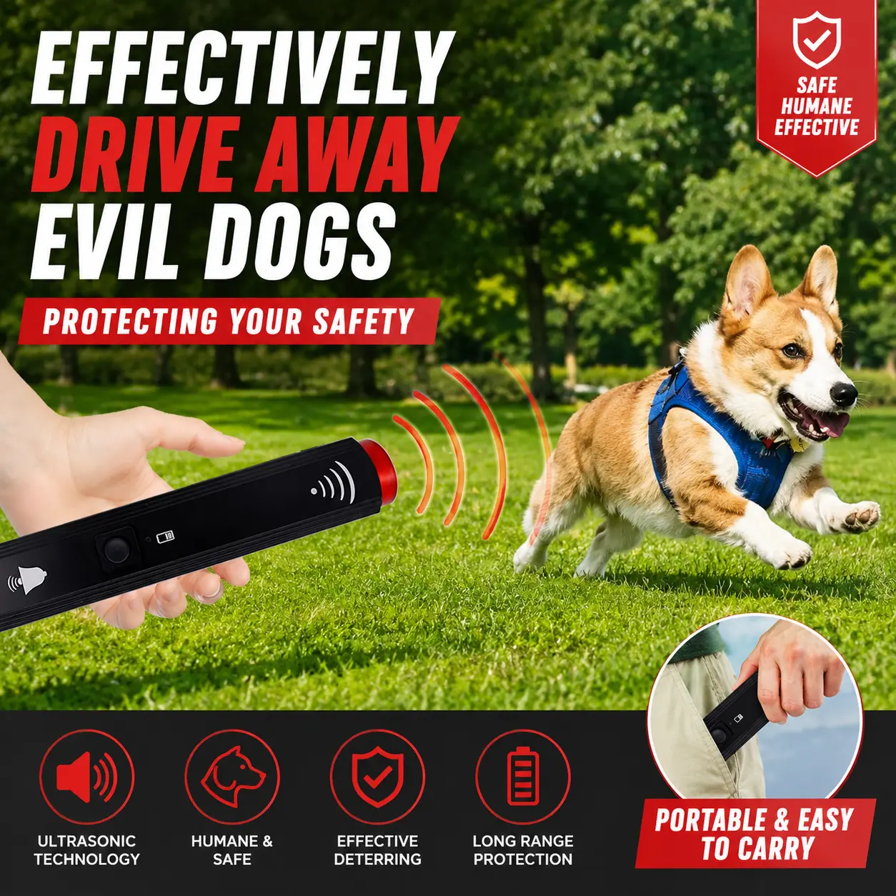 Handheld Ultrasonic Dog Repellent Single Unit - Highly Effective Pet Safety Training Tool for Outdoor Enthusiasts to Prevent Dog Attacks and Deter Animals