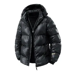 Men’s Black Shiny Hooded Down Jacket with Zipper for Spring/Autumn/Winter