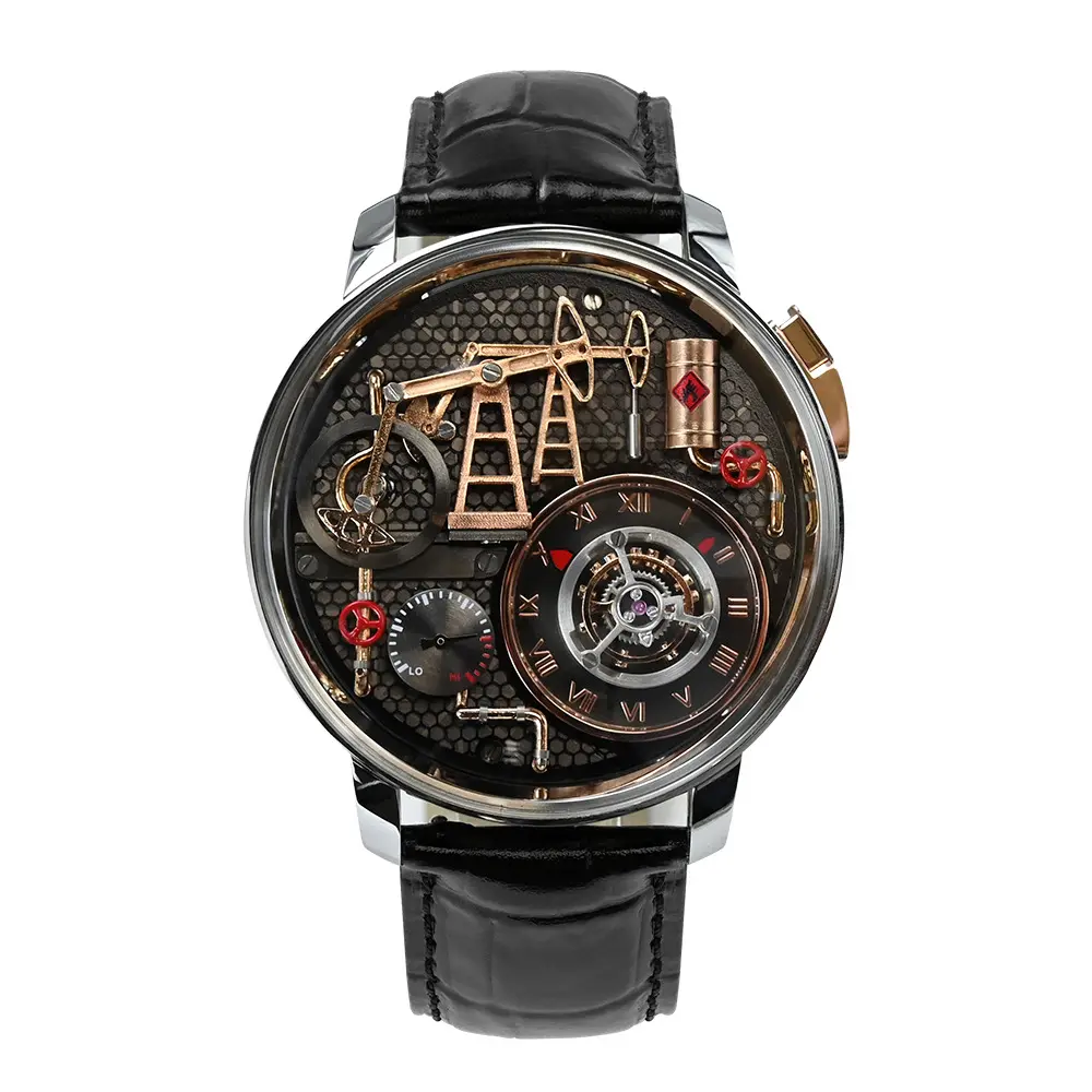 Exquisite Industrial Art Mechanical Watch, 3D Oil Pumpjack & Refinery Openwork Dial, Roman Numeral Time Display With Skeleton Movement View, Premium Black Leather Strap, Luxury Statement Collectible Wristwatch For Men & Watch Enthusiasts