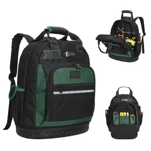 Tool Backpack, Heavy Duty Oxford Cloth Tool Bag with 17'' Curved Hard Base, Large Capacity Electrician Tool Backpack with Multiple Compartments, Shockproof