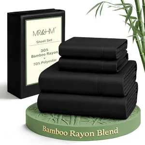 Queen Sheet Set, 4-Piece Cooling Sheets, Rayon Derived from Bamboo &, Soft &, 15" Deep Pockets with Elastic Straps, Hotel Luxury for Hot Sleepers, Black