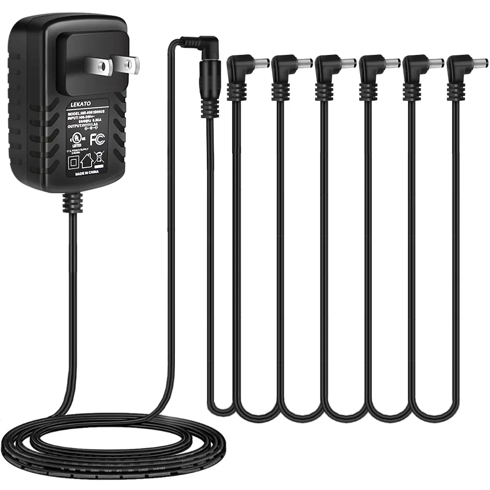 LEKATO Guitar Effects Pedal Power Supply Adapter - 9V DC 1.5A (1500mA) with 6-way daisy chain cable, anti-hum splitter, copper construction, noise isolation function