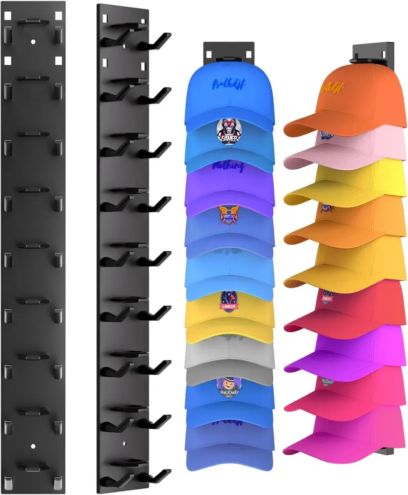 2  Pack Hat Organizer Wall Mounted Adhesive Cap Rack Holds 18 Hats for Closet Door Bedroom Black or White