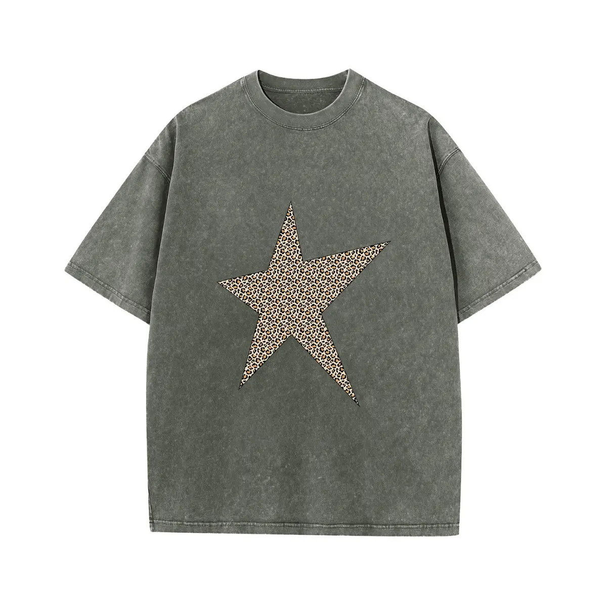 Women's Acid Wash Streetwear T-Shirt with Retro Star Print - Relaxed Fit, Drop Shoulder, Wrinkle-Resistant Cotton Blend for Summer, Round Neck, Tshirt