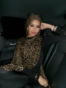 Women's Fashion Bohemian Leopard, Navy Blue and Marble Print Veil Hijab, Casual Streetwear Hijab for Daily Wear, Autumn Headscarf for Muslim Women