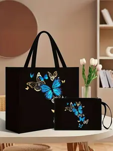 Two-Piece Butterfly Print Handbag, Hemp Material, Fashionable Design, Includes Coin Purse, Ideal for Shopping, Travel, Beach, Daily Use