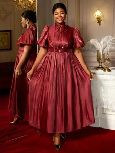 European and American large-sized, lantern-free, puffed sleeve, ruffled long dress, belt, sequined, Formal A-line dress for banquets