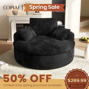 59" Oversized Round Corduroy Chaise Lounge Chair, Double-Layer Upholstered Cushion Sofa Bed with 2 Throw Pillows & Back Pillow for Living Room, No Assembly Required