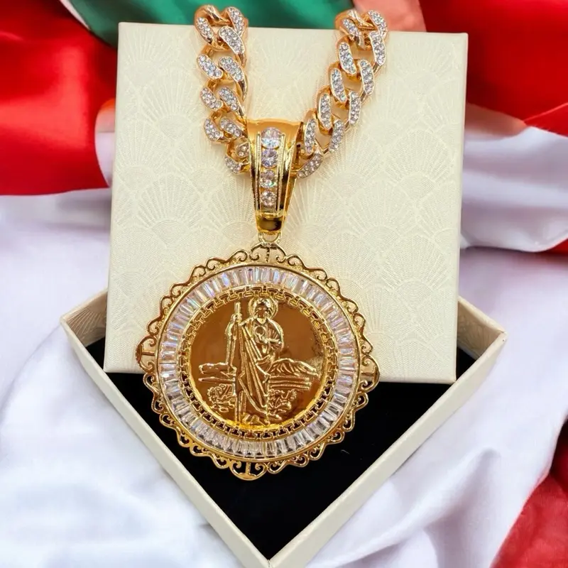 Double-sided Mexican Centenary Pendant featuring Saint Jude Thaddeus & Virgin of Guadalupe Plated in 14K Gold with 24-inch Cuban Link Chain & Safety Clasp