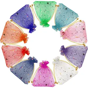 100 Pieces Moon Star Organza Jewelry Candy Bags 2.7x3.5 Inch Random Color Organza Favor Bags Gift Pouch with Drawstring for Wedding Party