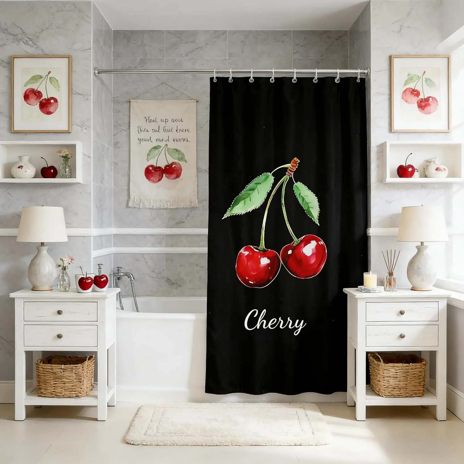Feelyou Vintage Cherry Shower Curtain - Tropical Fruit Design, Solid Black Background, Waterproof, Washable, with 12 Hooks, for Bathtub (Suitable for Teens, Adults), Cherry Curtains, Colorful Print Curtains