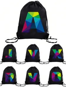 Low Poly Rainbow Letter Print Backpack, Adjustable Drawstring, Casual All-Season Design, Personalized Initials, Couples & Friends Gift
