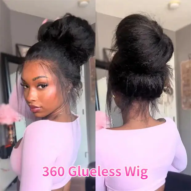 MYLOCKME 20inch 180% Density 360 Lace Wig, Invisible Drawstring Kinky Straight Brazilian Human Hair, Natural Color Glueless Pre-Plucked Wig for Black Females, Wigs Human Hair