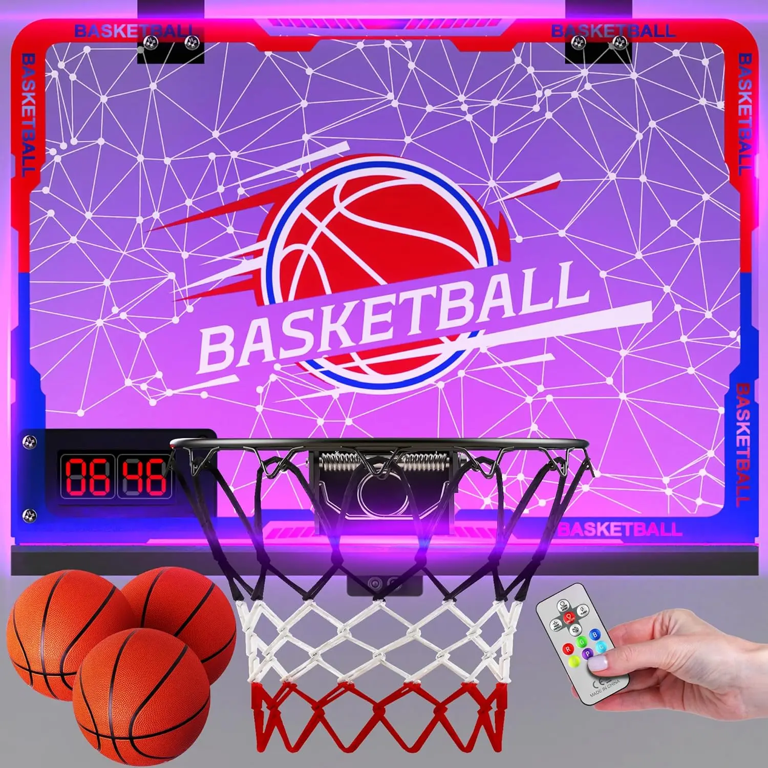 Mini Indoor Basketball Hoop with 7-Color Lights & 3-Light Effects & Scoreboard & Timer,Over The Door Bedroom Office for 3-12 Year Old Kids Boys Birthday Christmas