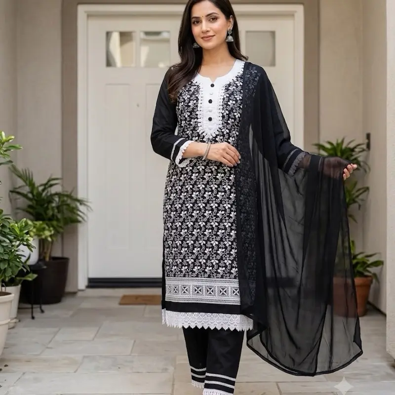 Premium 3-Piece Salwar Kameez Set | Traditional Embroidered Chikankari Kurti with Pant & Dupatta | Elegant Casual & Festive Ethnic Wear for Women