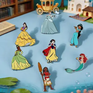 Disney Princess Enamel Pin 7PCS Set Officially Licensed Gorgeous Gown Dress Gold-foil Belle Jasmine Ariel Snow White Tiana Cinderella Moana Anime Brooch Backpack Decoration Jacket Lapel Exquisite Alloy Enamel Collectible