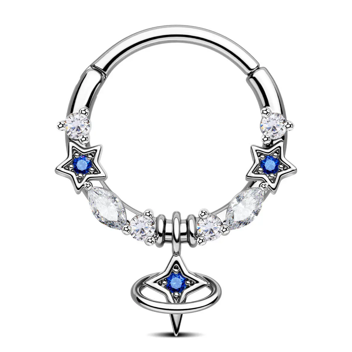 OUFER Segmented Celestial Navel Star Hinged Septum Dangle Nose Ring - Stainless Steel Hinged Piercing Hoop, 8mm/10mm Diameter, Gemstone Hoop Piercing Jewelry for Casual Wear, Dainty Body Jewelry