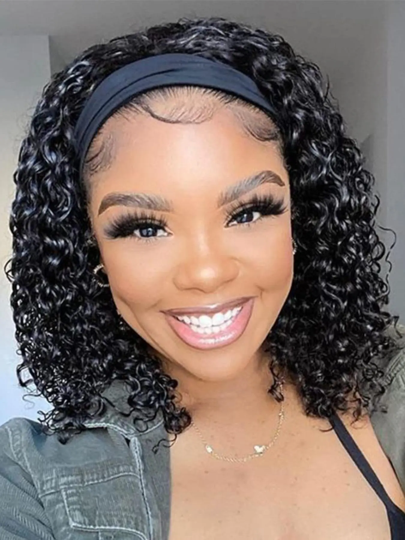 Headband Wig Deep Wave 10 Inch, Curly Hair Glueless Wigs, Machine Made No Lace, Short Wigs for Women, All Seasons Ponytail Extension, Curly Synthetic Wig