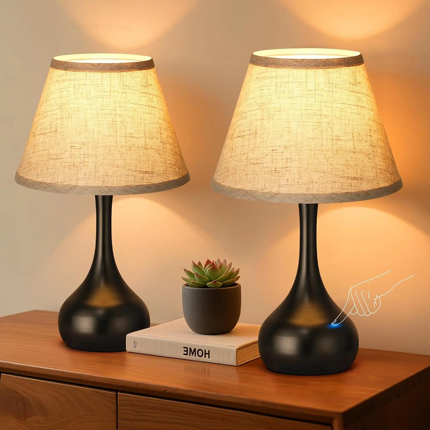 Touch Table Lamp for Bedroom Set of 2, 3-Way Dimmable Bedside Lamp for Nightstand, 17” Farmhouse Metal Desk Lamp with Linen Shade for Living Room, Kids Reading, Dorm, Home Office Decor, Bulb Included