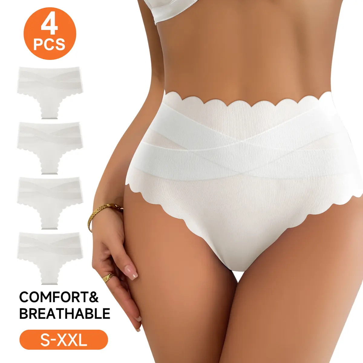 QUASTI 4-Piece White High-Waisted Tummy Control Crossover Women's Panties, Petal-Edge Design, Soft and Silky Smooth, Highly Elastic and Breathable, Shaping, Comfortable and Skin-Friendly Womenswear, Size S-XXL