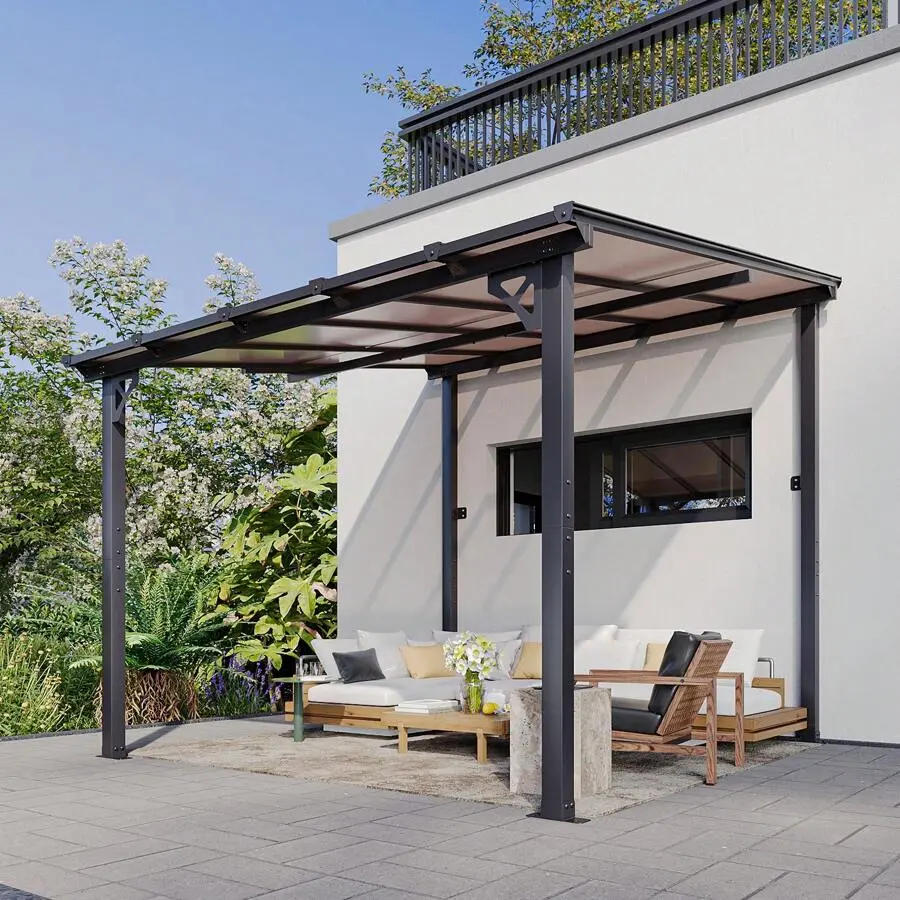 10x10ft & 12x10ft Wall-Mounted Gazebo - Outdoor Sloped Roof Pergola, Patio Awning with Aluminum Frame for Backyard, Garden (Beige)