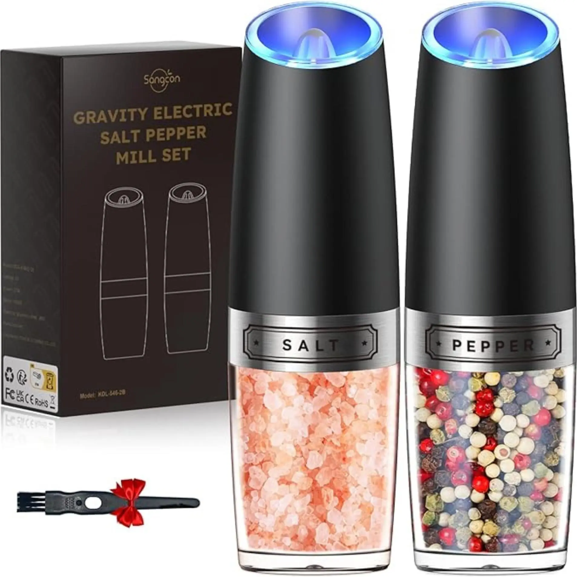 Gravity Salt and Pepper Grinder Set Automatic Shakers Mill Grinder with LED Light, Adjustable One Hand Operation, Larger Capacity gravity