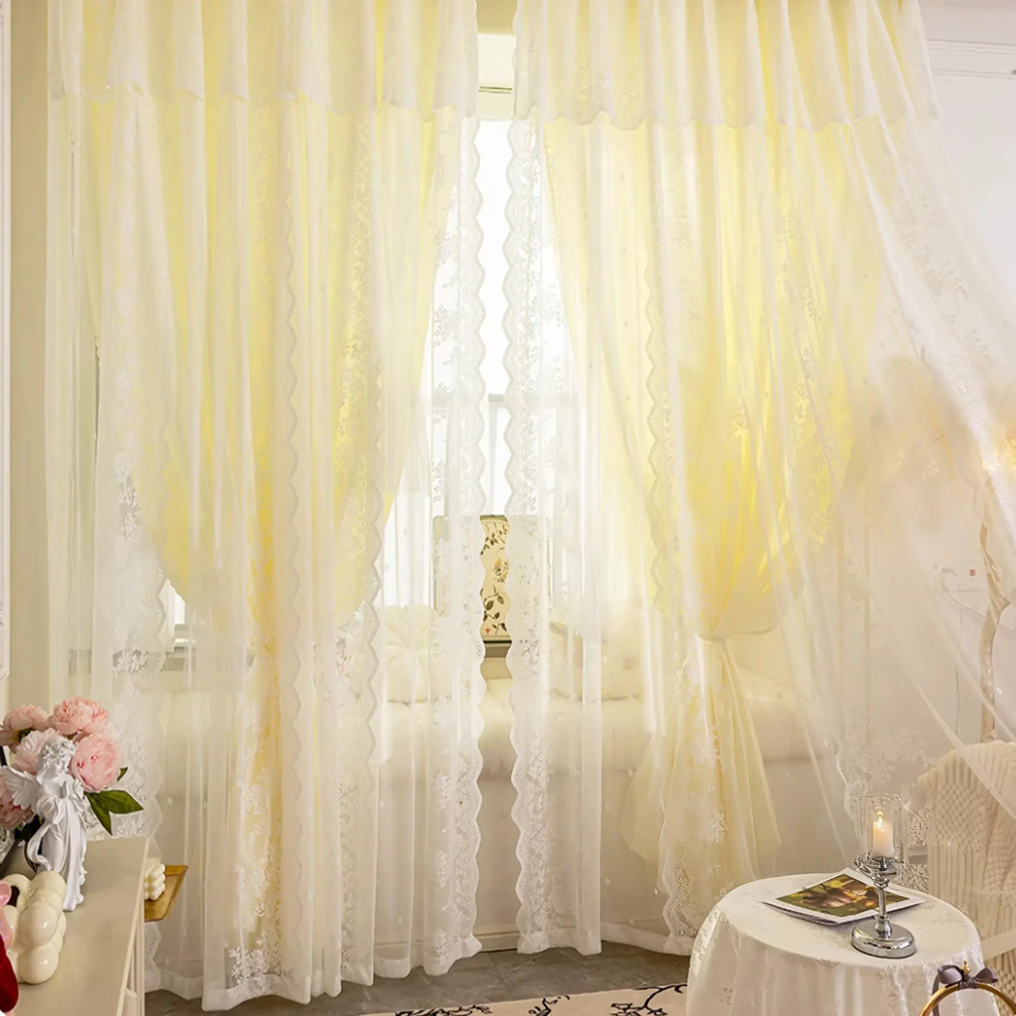 1PC European-style, Room decor, Home Decoration Curtain, Window curtain with blackout and lace yarn, embroidered yarn, for living room, double-layered top sewn together with perforated lace desig
