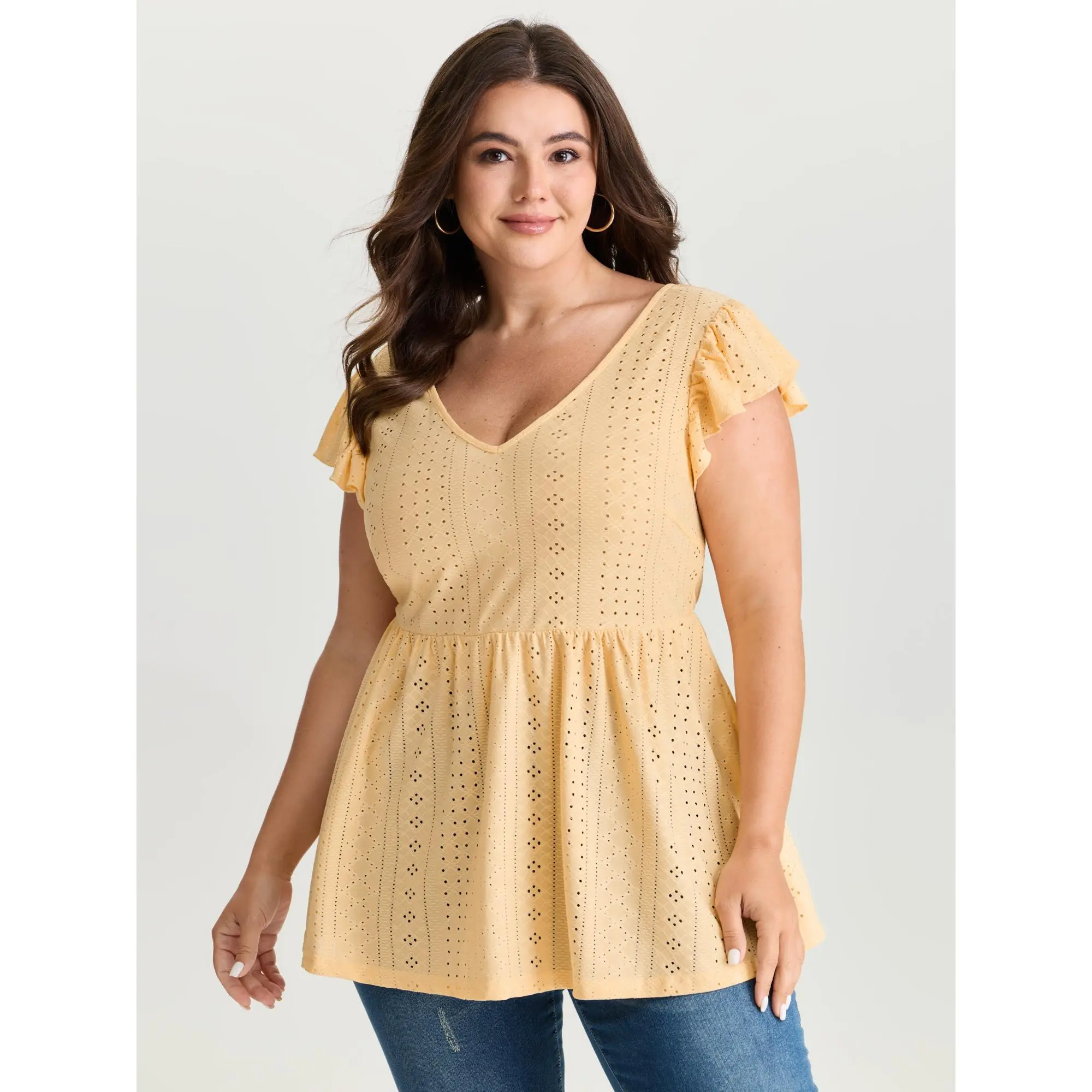 BloomChic Plus Size Women Clothing V-Neck Textured Cable Knit Babydoll Blouse - Ruffle Sleeve, Stretch Fit, Regular Length, Polyester-Spandex Blend Casual Shirts, Babydoll Tops