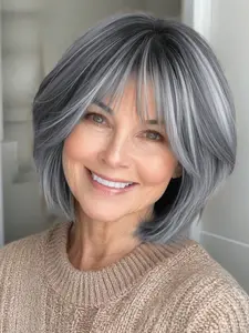 Women's Fashion Layered Bob Wig, Straight Salt & Pepper Color with Bangs, Natural Realistic Synthetic Hair, Synthetic Machine Wigs, Daily Use