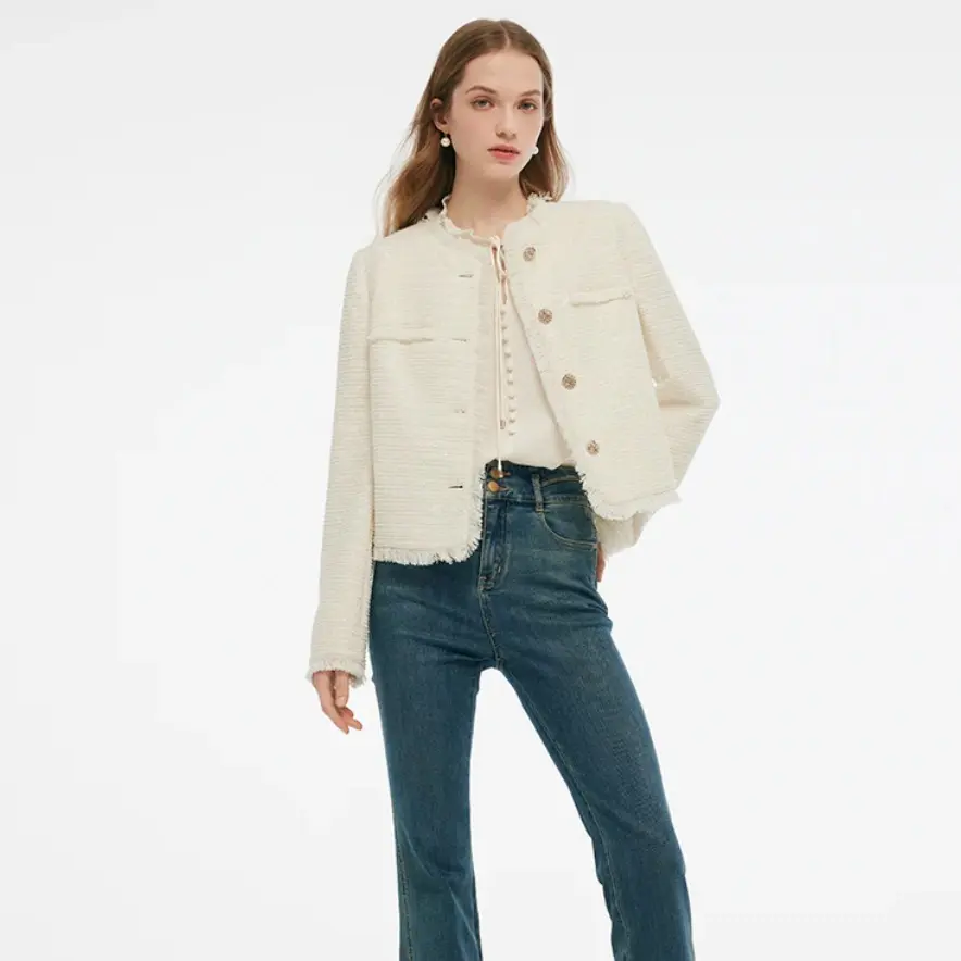 Tweed Collarless Women Crop Jacket