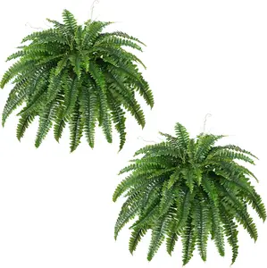 2-Pack Large Artificial Hanging Boston Fern Plants - Low-Maintenance Fake Plastic Faux Greenery, Hanging Floral Arrangement for Home Office Decor, Artificial Hanging Plants, Fake Plastic Plants