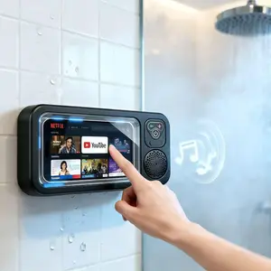 Waterproof box speaker, Multifunctional portable speaker, 360° rotating touch screen, Bluetooth speaker, watch movies, listen to music, phone holder, shower TV holder, slide open the lid, swimming pool, kitchen, bathroom