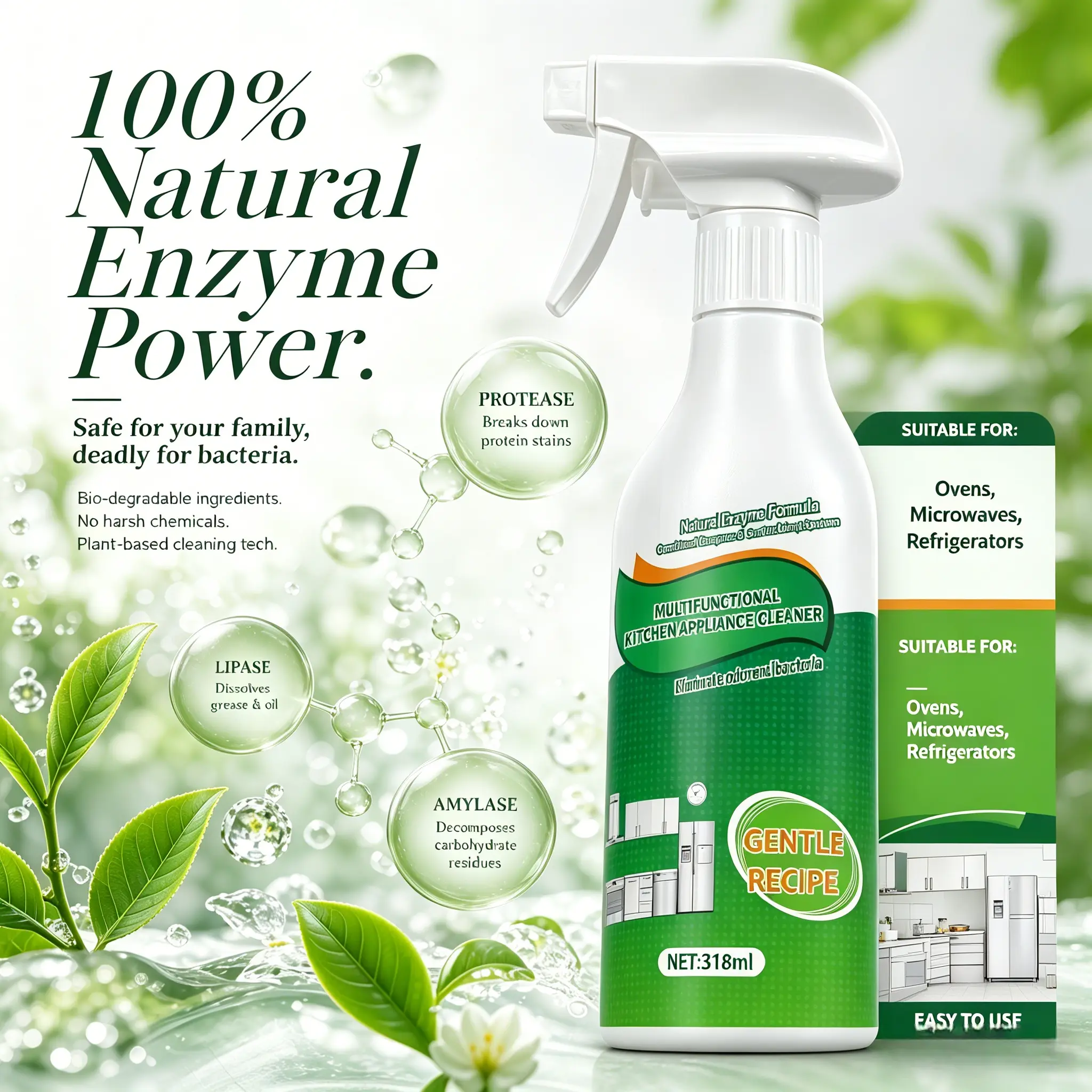 Household Natural Enzymatic Greasy Spray Cleaner - 300ml Home Cleaning Supplies, Powerful Multifunctional Enzymatic Cleaner for Grease Removal & Odor Elimination, Anti-Bacterial, Safe for All Kitchen Devices, 1-Step Easy Use