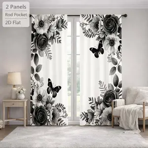 2Pcs Black And White Floral Butterfly Pattern Sun Blocking Curtains Digital Printed Rod Pocket, Window Treatment For Bedroom Office Kitchen Living Room Study Home Decor