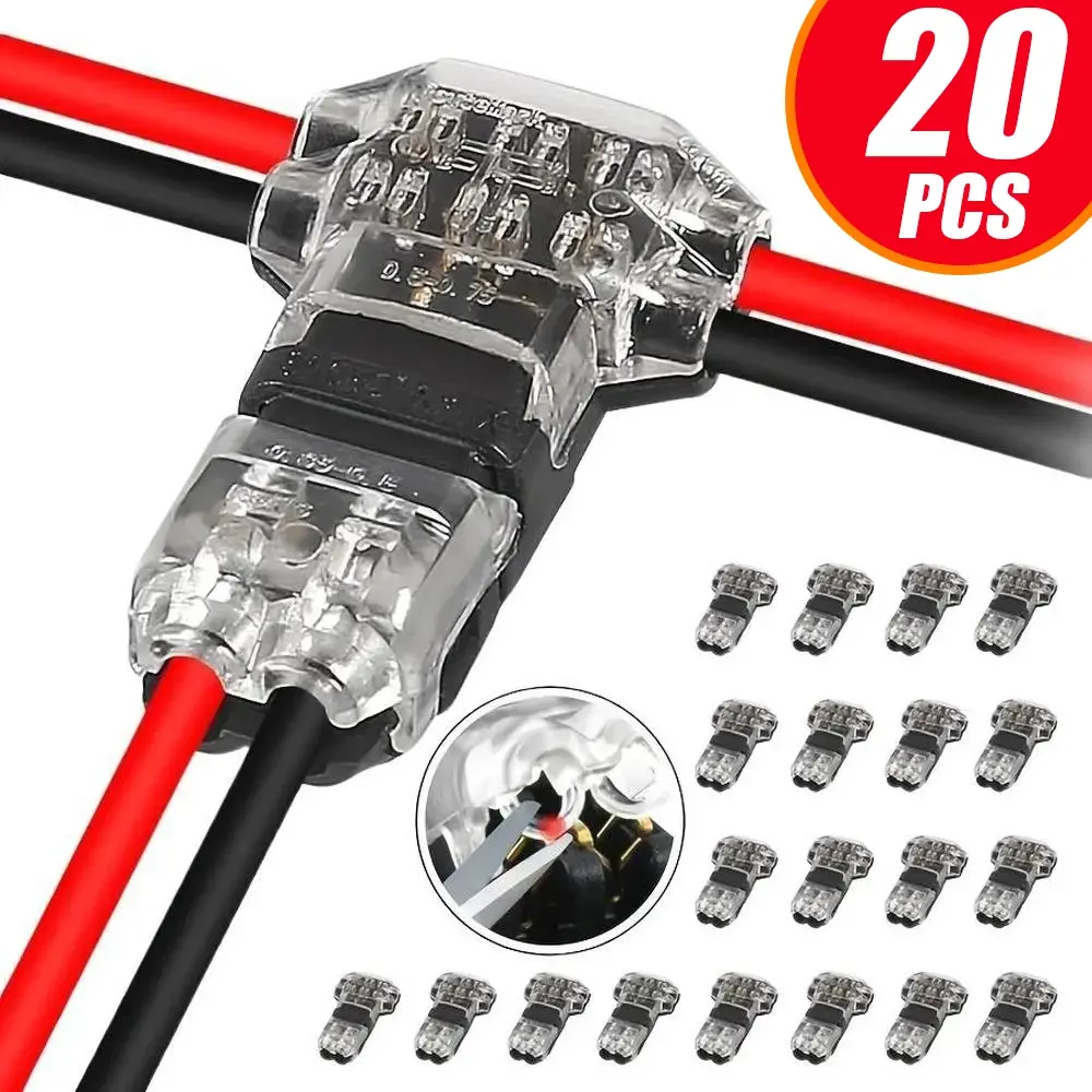 T2 Quick Connector Terminal, T-Type 2-Pins Wire Splice Connectors, Solderless No-Stripping 3-Way Wire Connectors for LED Strip Lights & Automotive, Waterproof Connector, Durable Reliable Connectors