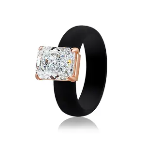 Icy White Emerald Cut CZ Silicone Ring 10x8mm Cubic Zirconia Thin Wedding Band for Women 5.7mm Comfort Stackable Glow Engagement Ring Gift For Her