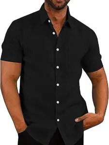 COOFANDY B Men's Linen Shirts Casual Button Down Short Sleeve Summer Beach Dress Shirt Menswear Soft Classic Chino Plain Top Elegant Stylish Jeans Black