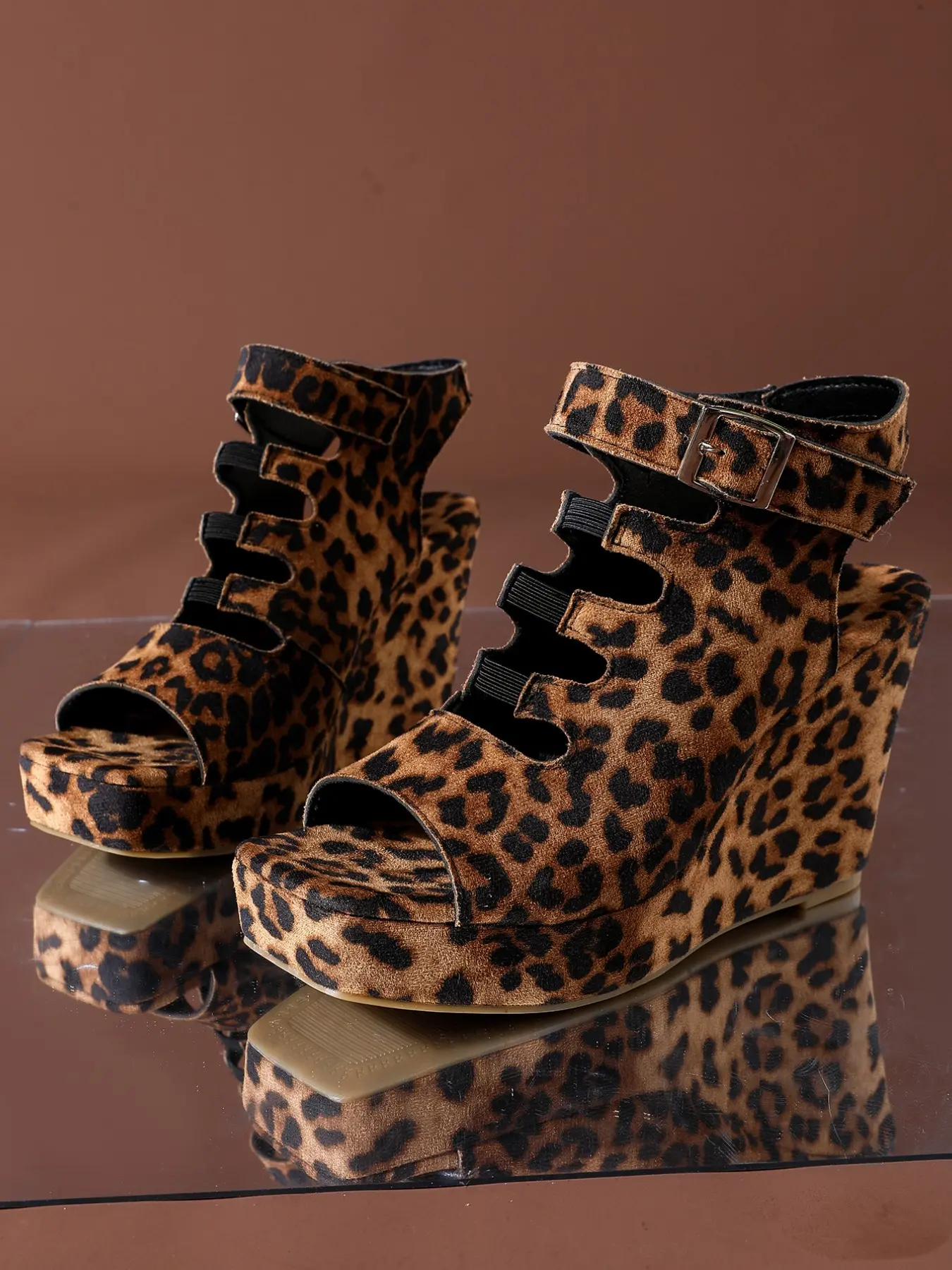 Women's Fashion Leopard Print Wedge Sandals, Stylish Breathable Cutout Design, Comfortable Summer Shoes, Trendy Casual Footwear