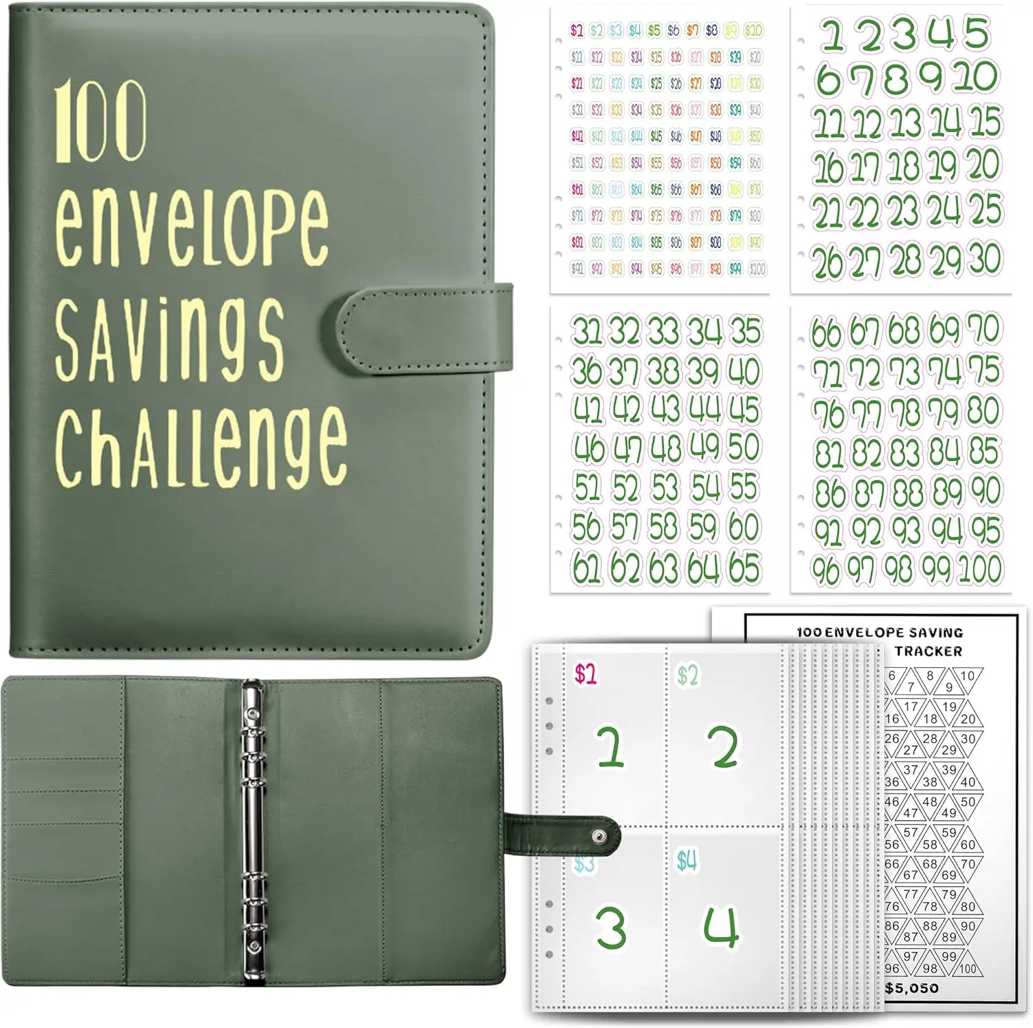 100 Envelopes Money Saving Challenge Book - A5 Budget Binder with 100 Pockets, Number Stickers and a Tracker Sheet, Green