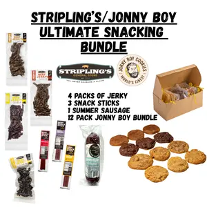 Stripling’s/Jonny Boy Ultimate snacking  bundle- Hickory/Peppered/Jalapeno\Honey BBQ Beef Jerky & Chipotle Teriyaki Pork Jerky - Family Owned Premium Snack Packs - Made in the USA - 8-