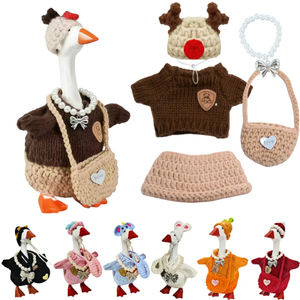5Pcs Brown Knitted Sweater Outfits with Accessories for Magnetic Goose Key Holder, Decorative Home Ornament, Desk Ornament Mini Desk Figurine Set, DIY Specialty Gift Statue