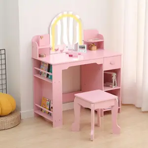 YJ-Garvee versatile vanity tables for young girls aged 3 to 9 years, featuring LED mirrors, stools, drawers, shelves, and accessories, available in multiple colors and styles