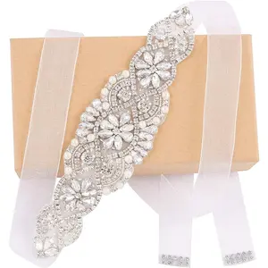 Wedding Sash Pearl Belt with Satin Ribbon Handmade Crystal Bridal Thin for Women formal Evening Dress Accessories