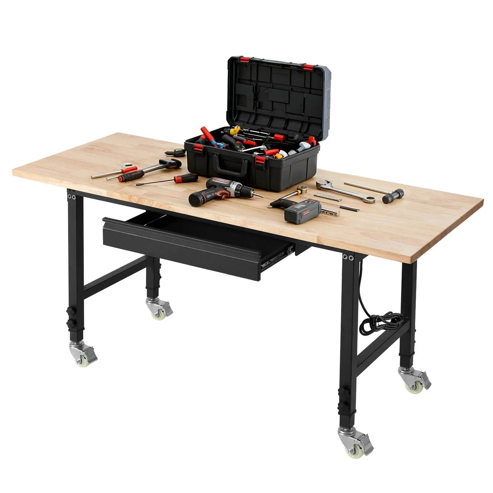 【Summerfinds】VEVOR Durable Wood Workbench, 60x24in Oak Top, 2000 lbs Capacity, Swivel Casters with Brakes, Built-in Wheels Desks, 1 Drawer, 10ft Power Cord, 2 USB Ports, 29-41in Height, for Garage, Workshop, Hardwood, Assembly Required