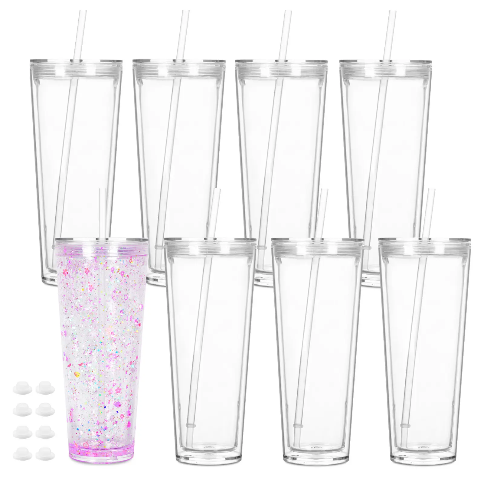 8-Pack 24oz Reusable Acrylic Snow Globe Tumbler Water Bottle, Double-Wall Silicone-Sealed Plastic Cup with Lid & Straw, Waterproof Washable for DIY Gifts