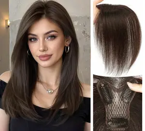 10-inch Real Hair Top Piece Bangs Clip-in Extension Natural Straight Lace Front Wig with Baby Hair Lightweight Breathable Daily Wear Human Hair Toppers for Bald Spots Breathable Silk Hair Topper for Thinning Hair wide parting