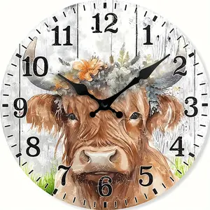 10 inch A Vintage Scottish Highland Cow Wall Clock with Floral Patterns - a Silent, Non-Ticking Wooden Digital Clock for Decorating Living Rooms And Kitchens, a Rustic Home Gift (Batteries Not Included)