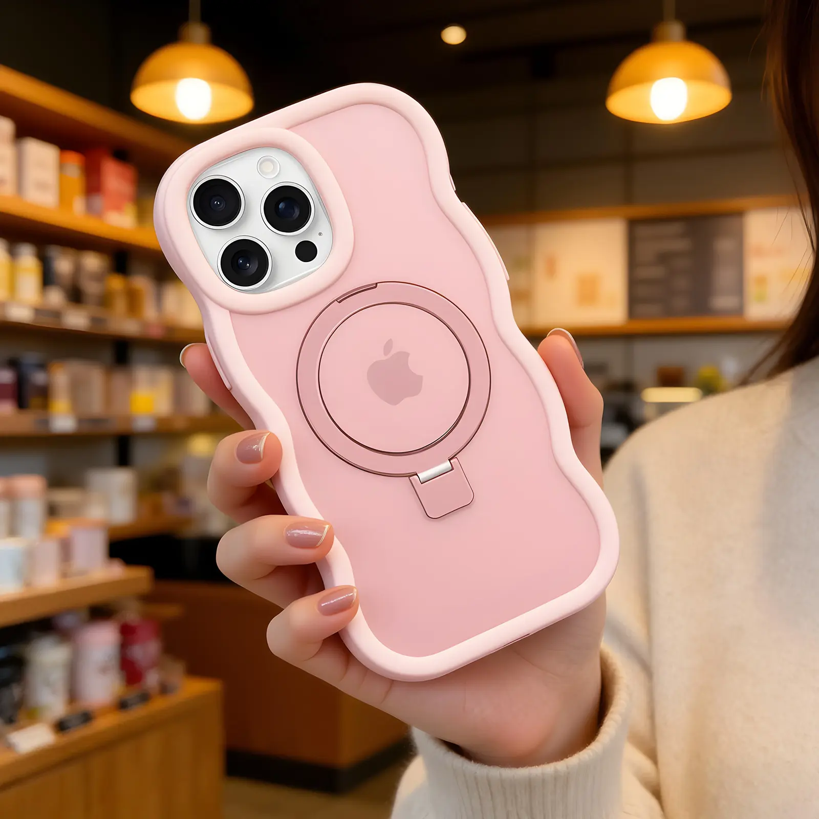Women's Aesthetic MagSafe-Compatible Magnetic Smartphone Case - Wavy Frame, Kickstand, Matte Hard Back, Silicone Bumper, Shockproof TPU Cover, Protection-Focused Wireless Tech Accessory