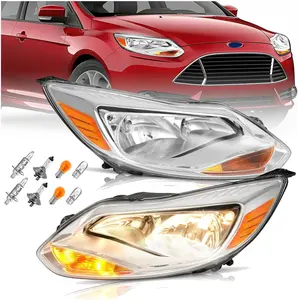 HECASA Pair Headlights Assembly Compatible with 2012-2014 Ford Focus 4-Door Replacement for FO2502299 FO2503299 Driver & Passenger Side Halogen Headlamp w/bulbs Clear Lens+Chrome Housing