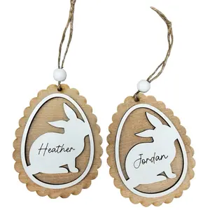 Custom Scalloped Easter Egg Basket Tag made on reclaimed wood with Bunny Design for Personalized Decor